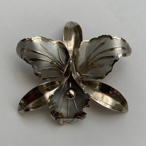 Vintage Silver Orchid Brooch - Midcentury Riveted Construction Orchid Brooch